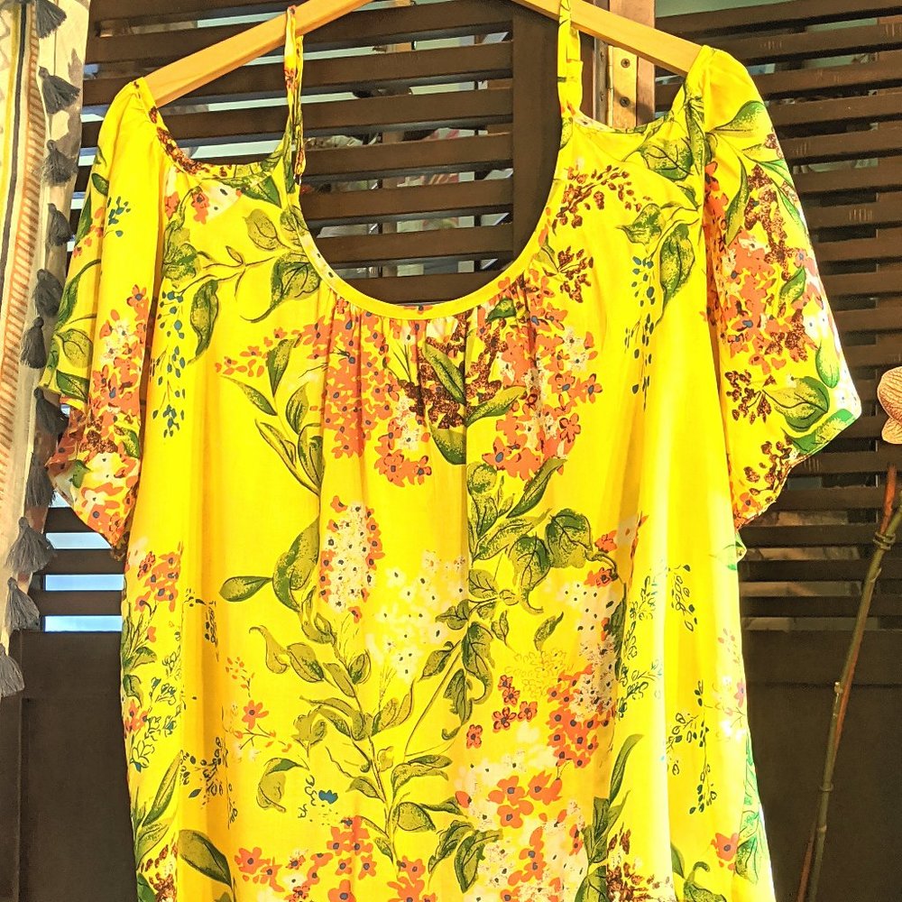 ANTHROPOLOGIE Yellow Floral Cold Shoulder Top